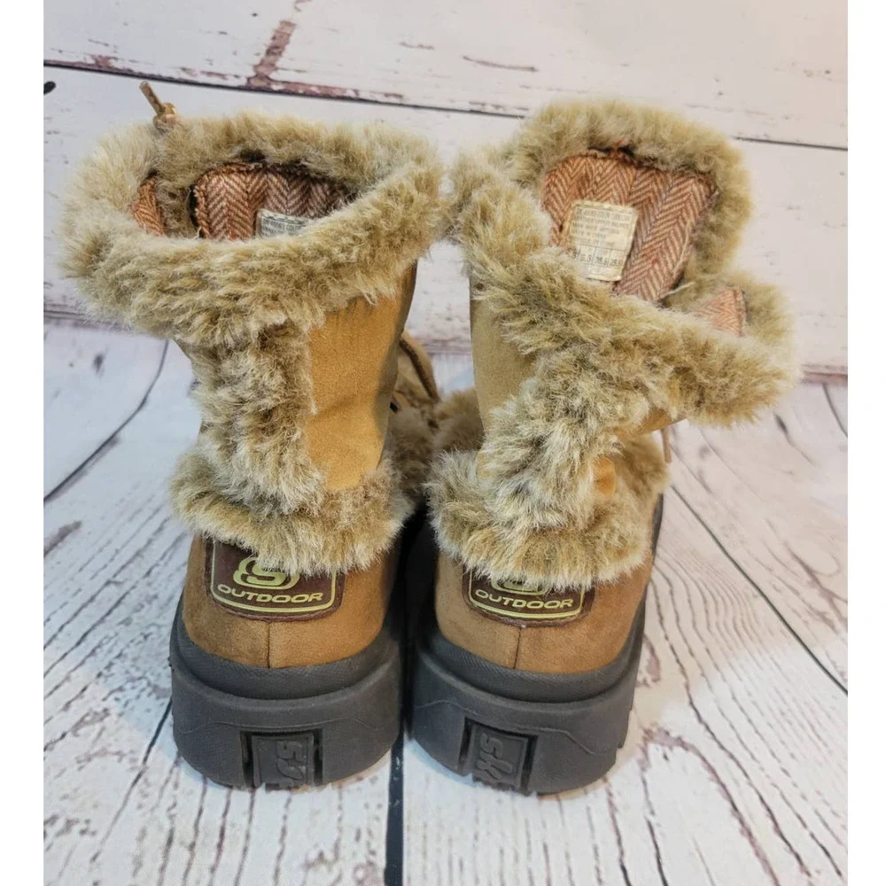 Skechers Booties Chestnut Leather Faux Fur Lace Up Winter Boots Women's 8.5